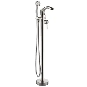 Brushed Nickel Floor Mount Bathtub Faucet Freestanding Tub Filler Standing High Flow Shower Faucets Shower Mixer Taps, Swivel Waterfall Spout with Handheld Sprayer Brass