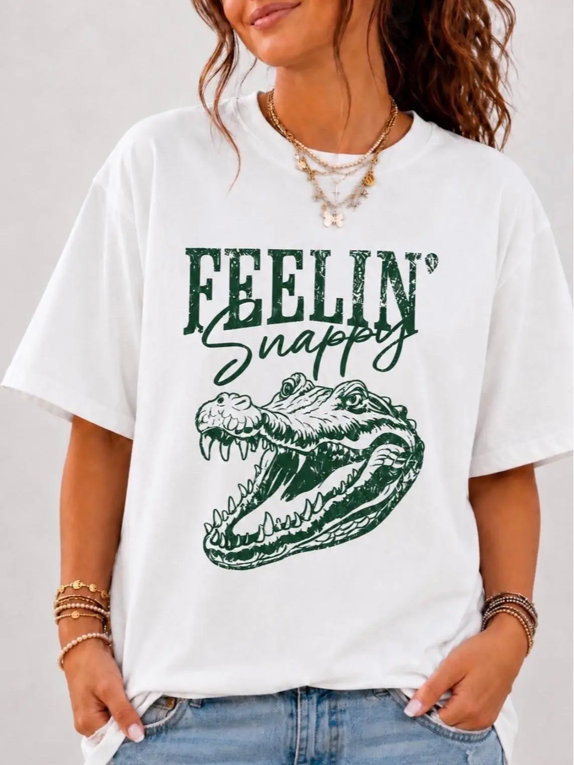 Organic FEELIN' SNAPPY Cotton Tee, Cute Alligator Graphic T-Shirt, Womenswear, Sustainable Fashion, Eco-Friendly [GOTS + OCS Certified]