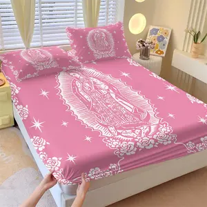 Pink Guadalupe Virgin Religious Fitted Sheet Set & 2 Pillowcases No Core, Paper-Cutting Image with White Rose & Four-Pointed Star Elements, Soft Non-Slip Anti-Wrinkle, Sense of Divine Healing Bedroom Decor Gift