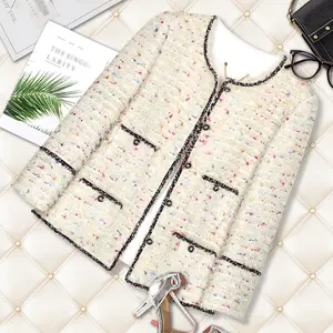Elegant Women's Top Mid-Length Floral Woolen Fabric Woven Round Neck Long Sleeve Jacket Casual Womenswear