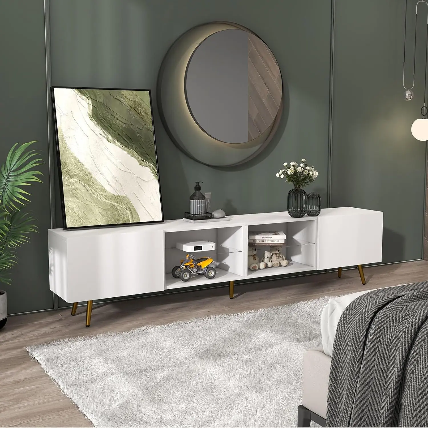 EBELLO Sturdy Freestanding Scandinavian Style LED TV Stand - 75"-85" Modern Console with Color-Changing LED Lights, Built-In Storage Cabinets, Minimalist Decluttering for Living Room, Game Room, Office Spaces