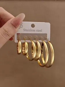 Women's Stainless Steel C-Shaped Earrings Set, Minimalist Design Mixed Size Jewelry Gift for Women Daily Wear Party Accessories, Elegant Minimalist Earrings