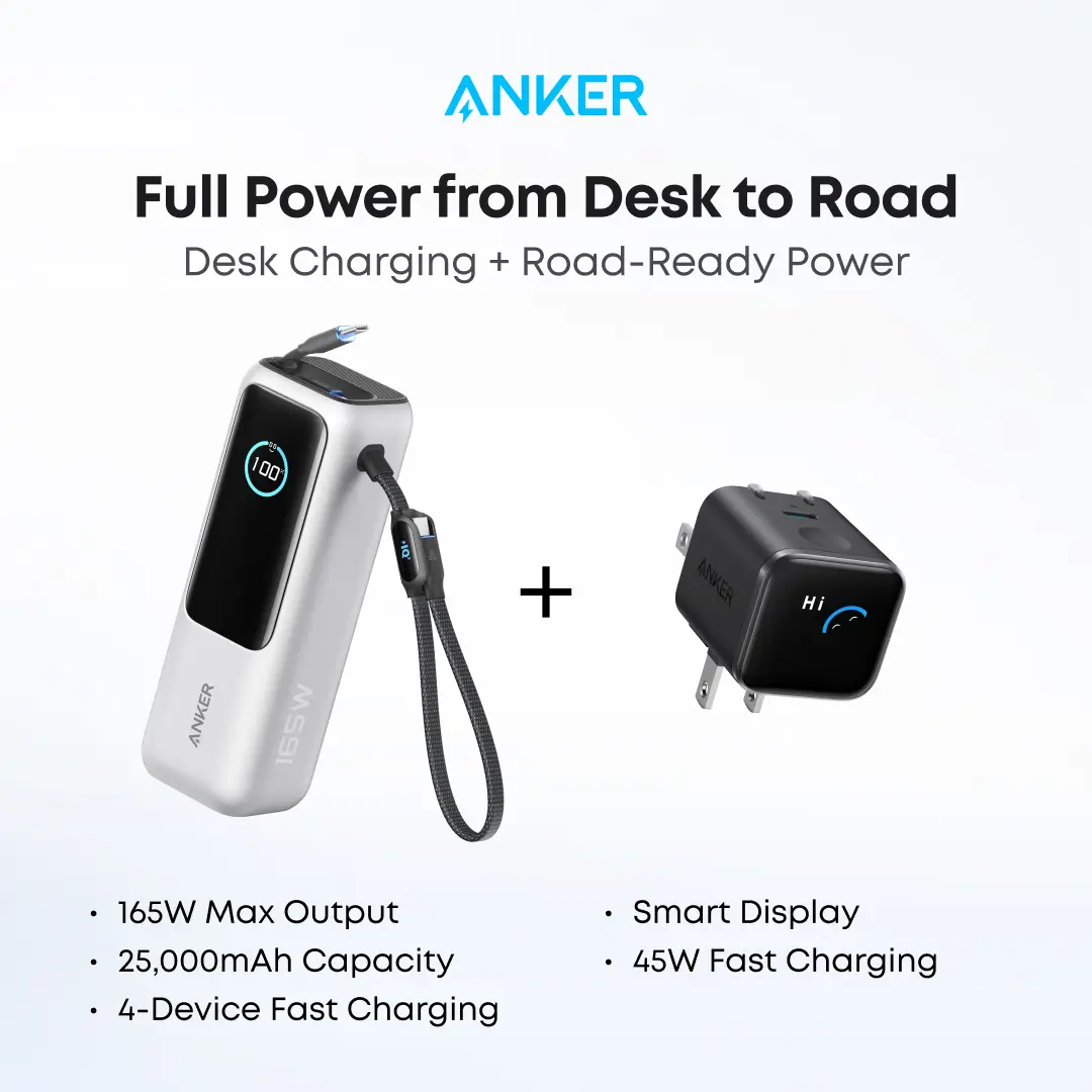 Anker Smart Display Charger, USBC Charger with Smart Recognition, Built-In Care Mode, Compact with 180° Foldable Plug + Anker Portable Laptop Power Bank with Built-In Cables, 25,000mAh High-Capacity Battery, Fast Charging for 4 Devices