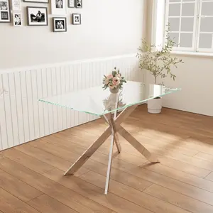 47.2-inch modern minimalist tempered glass coffee table, metal leg rectangular dining table, transparent glass living room dining table, 47.2-inch x27.5-inch/29.5-inch small space suitable