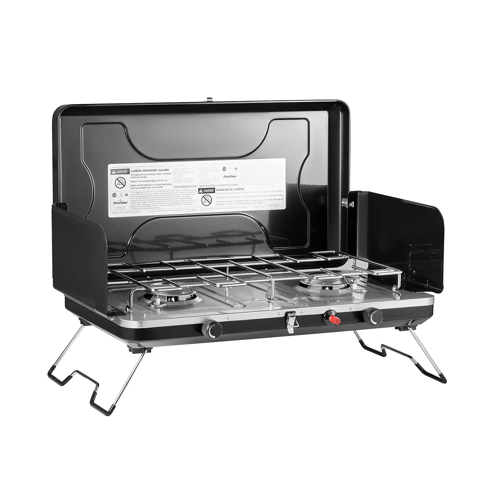 FineFlame Camping Stove 2 Burner, Portable Propane Gas Stove 20000 BTU with Regulator, Integrated Igniter & Stainless Steel Drip Tray & Built-in Handle & Foldable Legs for Outdoor Cooking and Travel
