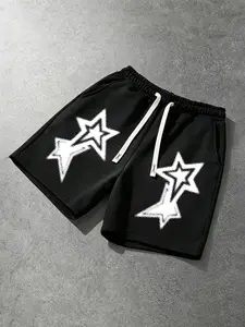Men's Street Style Star Print Sweatpants, Loose Fit Straight Leg, Casual Skateboarding Shorts, Sportswear for Daily Wear, Loose Sporty Shorts