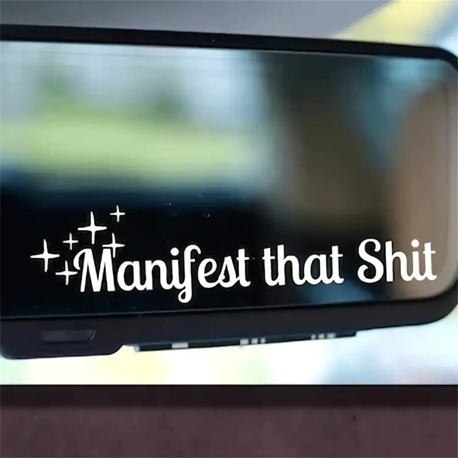 "Manifest That Shit" Funny Car Decal, Automobile Decals, Bold Silvery Lettering with Star Accents, Self-Adhesive Vinyl Sticker for Rearview Mirror, Mental Health Positive Affirmation Humor, Glossy Finish, Easy Apply/Remove, Funny Car Stickers