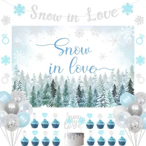 1Set Winter Bridal Shower Decorations Snow in Love Backdrop Banner Cake Cupcake Toppers Cutouts Snowflake Balloons for Holidays Bachelorette Engagement Wedding Party Supplies