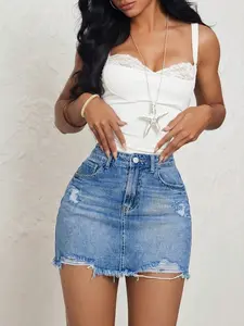 Women's High Waisted Slim Fit Denim Mini Skirt, Ripped Frayed Hem Design, Perfect for Parties, Vacations, and Summer