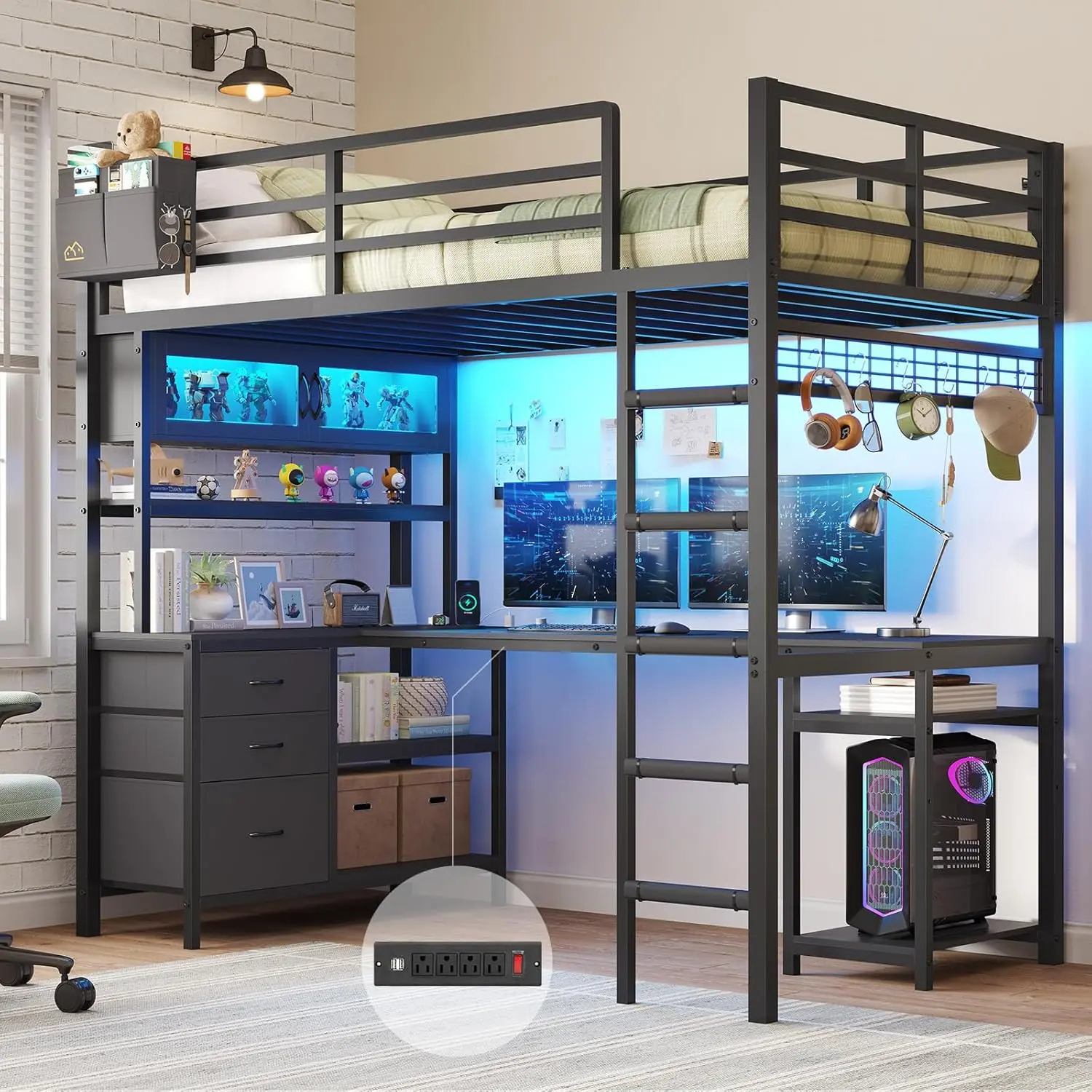 Sikaic Twin Size Loft Bed with L-Shaped Gaming Desk, Storage Drawers, Glass Cabinet & Hutch, Twin Loft Bed with Smart LED Lights & Power Outlets, Metal Bed Frame with Safety Guardrail & Ladder for Teens
