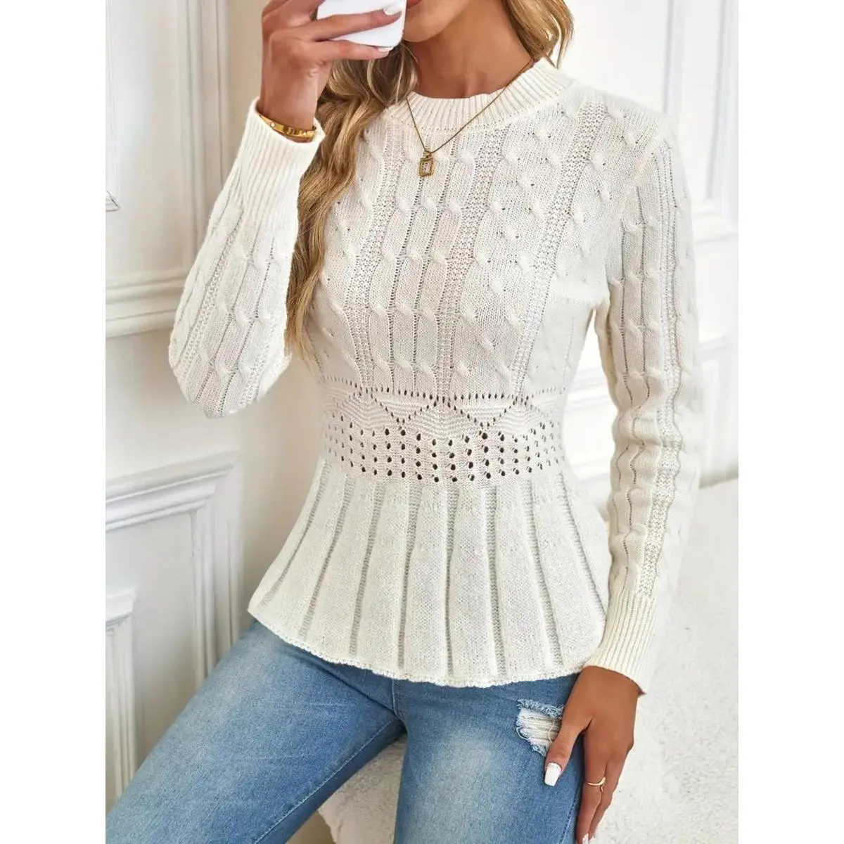 Luxury 2026 Women's Cable Knit Crew Neck Pullover Sweater, Long Sleeve Flowy Lightweight Knitted Top for Fall/Winter, Casual Cozy Stylish Elegant Soft Daily Wear Commute Cute Women Fall Outfit, Fashion Autumn Winter