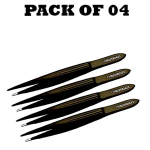 Forgica Professional Stainless Steel Plain Coated Black Tweezers Pack of 04