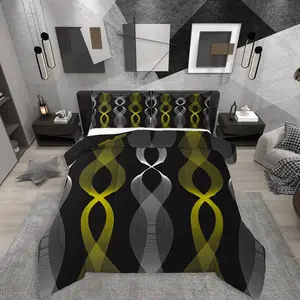 Black and Yellow Striped Comforter Set,Modern Boho Abstract Stripes Bedding Set for Women Men Bedroom,Contemporary Geometric Lines Comforter