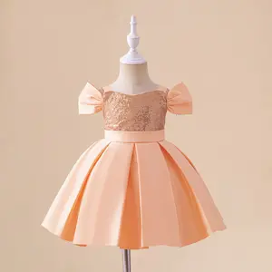6M-3Y Orange 076 Anniversary Baby Girls Clothes Infant Birthday Sequined Pleated Skirt Cocktail Dress Toddler Pageant Newborn Ball Gown Princess Baptism Frock