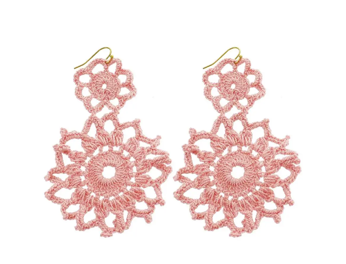 Women's Hand Crochet Double Flower Drop Earrings - Pink, Elegant Design, Adjustable Chain, 3.25in x 2.25in, Perfect Size Costume Jewelry, 3 1/4" X 2 1/4", Choking Hazard Small Parts, Female, Hand Crochet Design, Double Flowers, No, Crochet Thread