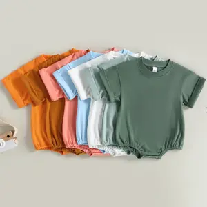 Unisex Baby Boy Girl T Shirt Romper Solid Color Short Sleeve Bubble Romper Oversized Crewneck  Bodysuit Top