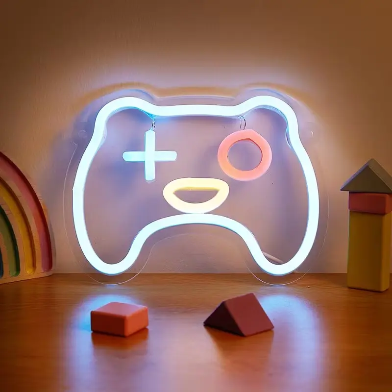 A LED Backlit Neon Sign in The Shape of a Game Controller, Powered by 5V USB, Featuring an Inline Switch.