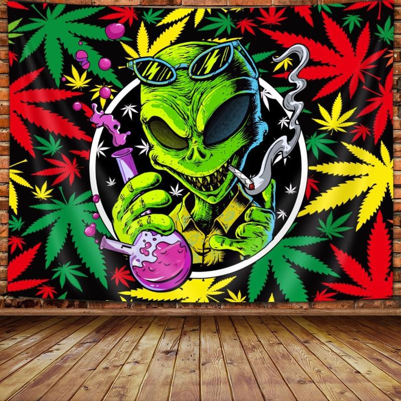 Wathon Trippy Weed Marijuana Tapestry Cool Alien Marijuana Leaf Wall Tapestry for Bedroom, Psychedelic Tie Dye Stoner Tapestries for Men Aesthetic Hippie Wall Art Poster for Dorm Home Decor 60X40IN