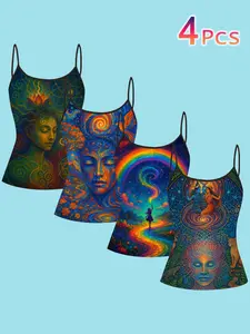 Spiritual Psychedelic Art Print Halter Top, Women's Thin Strap Inner Layer, Unique Atmosphere Hot Girl Shirt, 4 Piece Set