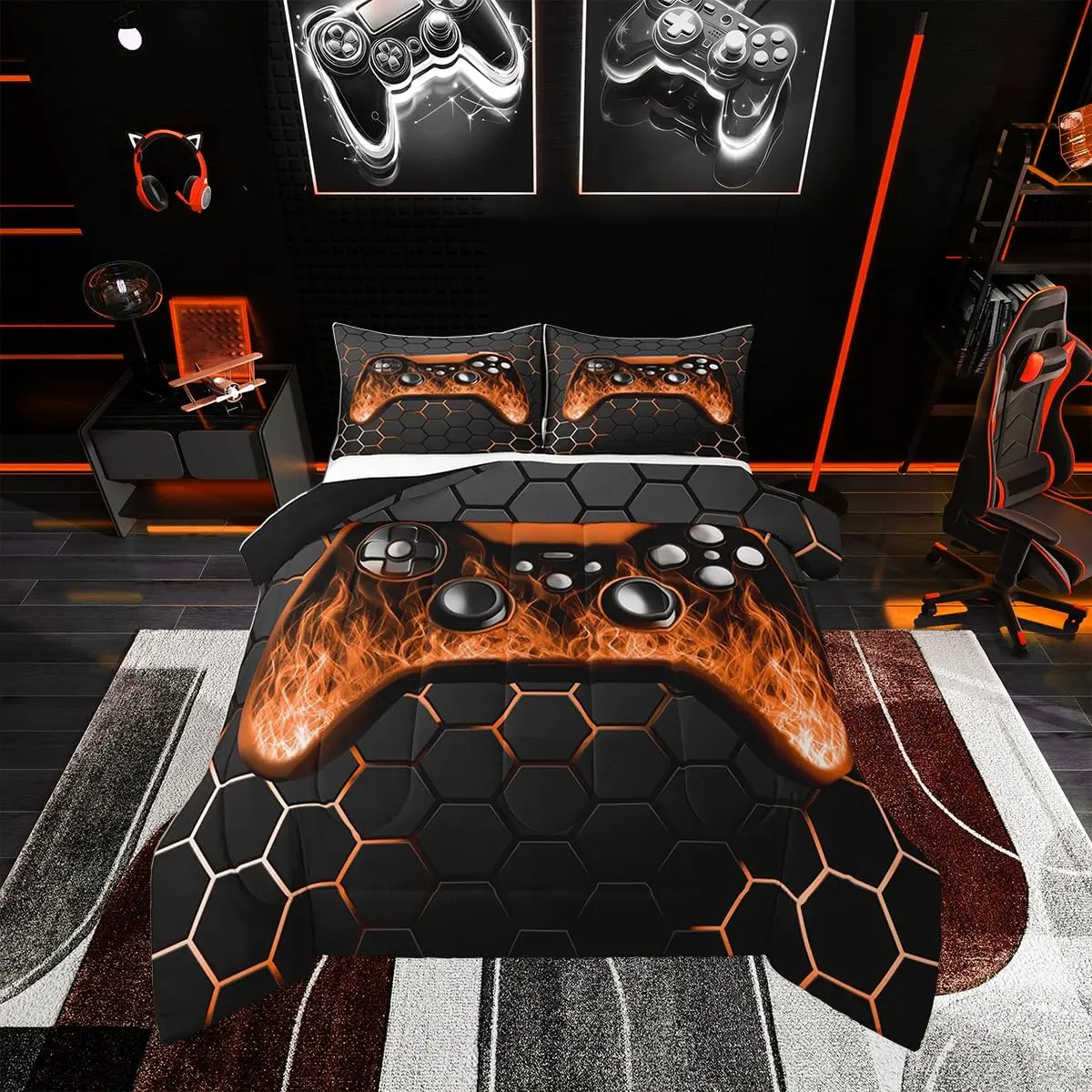 Feelyou Microfiber Gaming Bedding Set - Soft Orange Black Geometric Honeycomb Duvet Quilt, Gamer Comforter Set for Game Room Decor, Microfiber Bedding Set