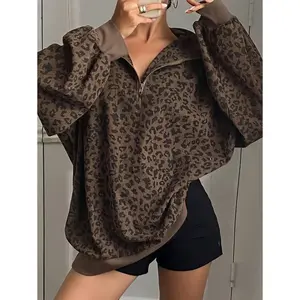 [LeopardPrintHoodie]ElegantWomen'sLeopardPrintZip-UpHoodie|LongSleeve,FrontZipper,CasualPulloverwithPuffedShoulders,Brown&BlackPattern,PerfectforSpring/Fall,CasualWearHoodie|PuffedShoulderDesign|StretchyFabric