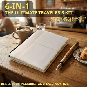 6-In-1 Aesthetic System Journal Kit | 3Pcs Dot Grid Refills + 1 PVC Storage Pouch + 2 Elastic Bands | No-Bleed 100g Paper for Planning & Scrapbooking | Pocket Passport Size (12.5x9cm) Scrapbook Materials