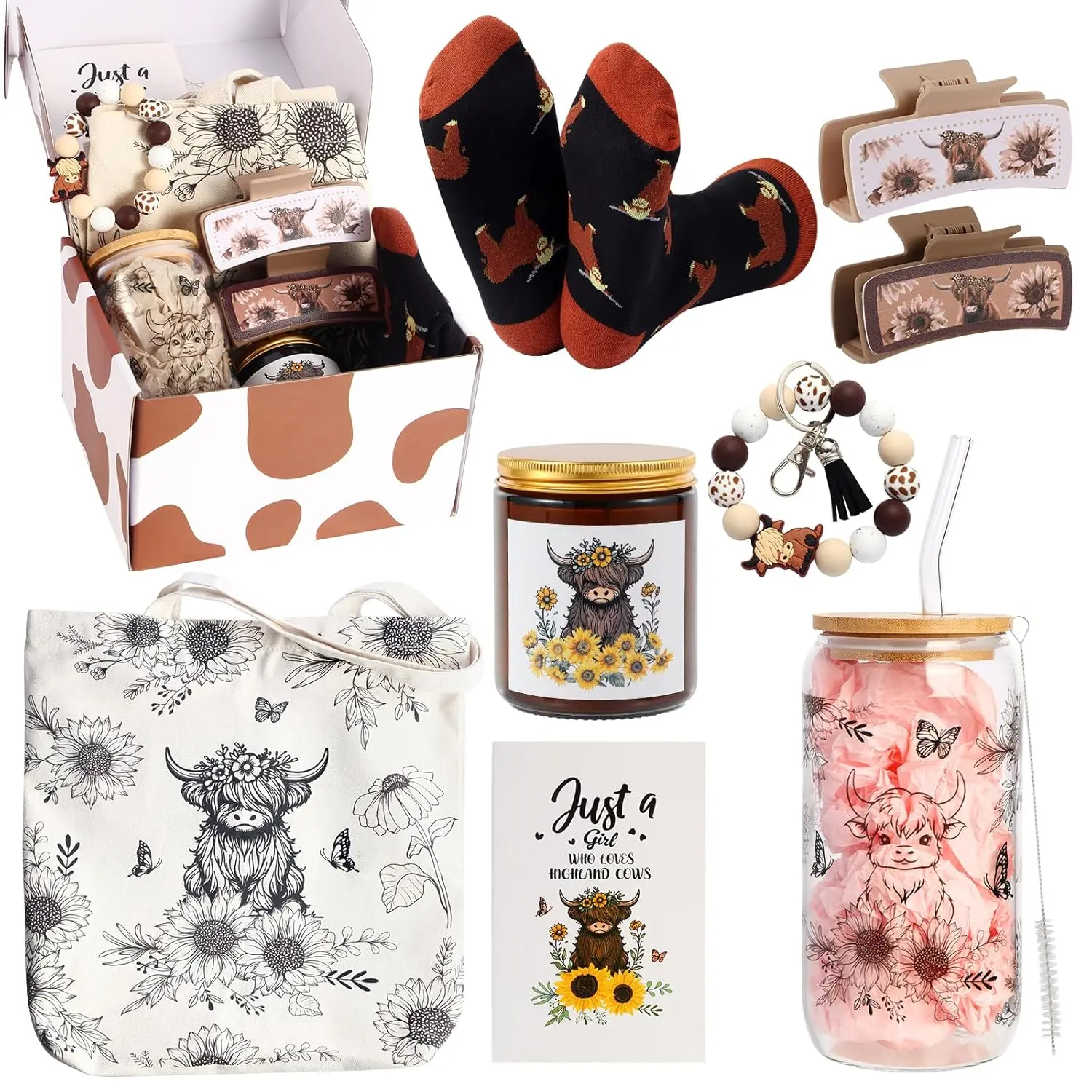 Highland Cow Gifts for Women Highland Cow Stuff Cow Themed Gifts for Cow Lovers Include Canvas Tote Bag Glass Cup Hair Claw Clips  Socks Candle Card for Highland Cow Lover Birthday Christmas