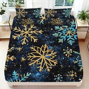 2/3 Pcs 2D Flat Winter Snowflake Fitted Sheet Set Snowflake Bedding Set Quilt Cover 1 Fitted Sheet + 1/2 Pillowcases Snowflake Top Sheet Decorative Bedding Bedroom Decor