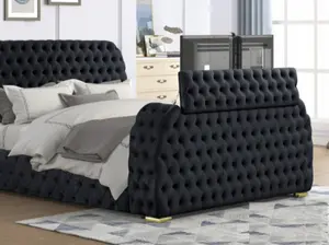 B01-BK Black tufted velvet fabric queen bed frame with TV lift and visual fireplace in footboard