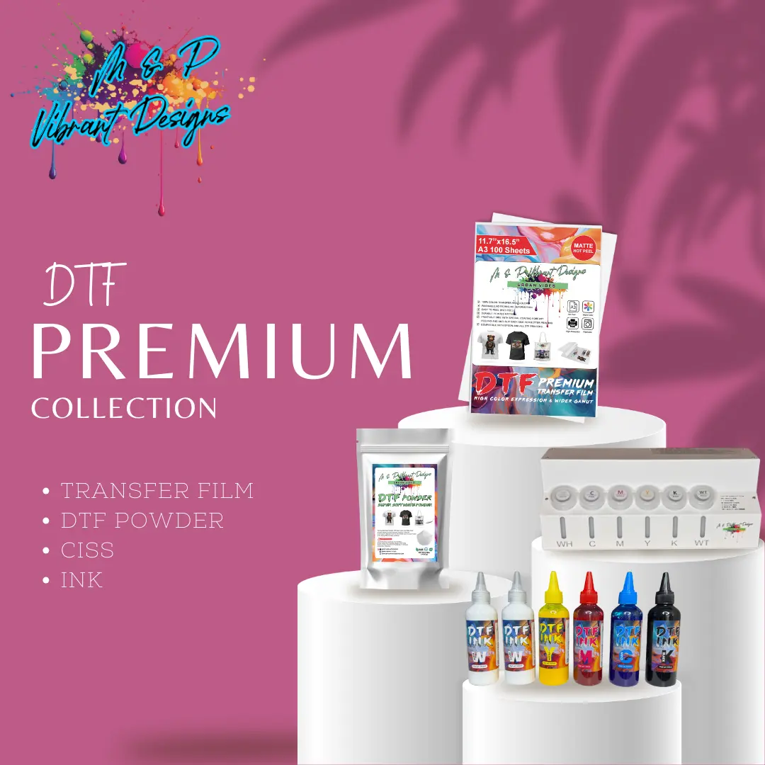 DTF COMBO KIT. Includes DTF powder, ink, and transfer film.