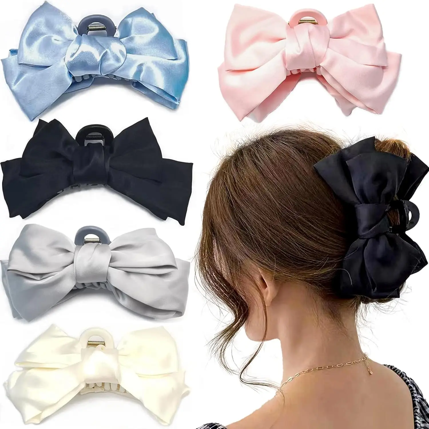 Women's 5pcs Alloy Hair Claw Clips, 5.5x2.7x1.4 Inches Nonslip Round Elegant Pastel Bow Design for Long Thick Hair, Everyday Wear, Available in Pink, Grey, Blue, Black, White, Female Clips