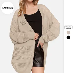 KatchMe Women's Comfy Knit Hollow Out Long Sleeve Patchwork Open-Front Cardigan, Slouchy Solid Color Stretchy Drop Shoulder Knitwear for Spring & Fall