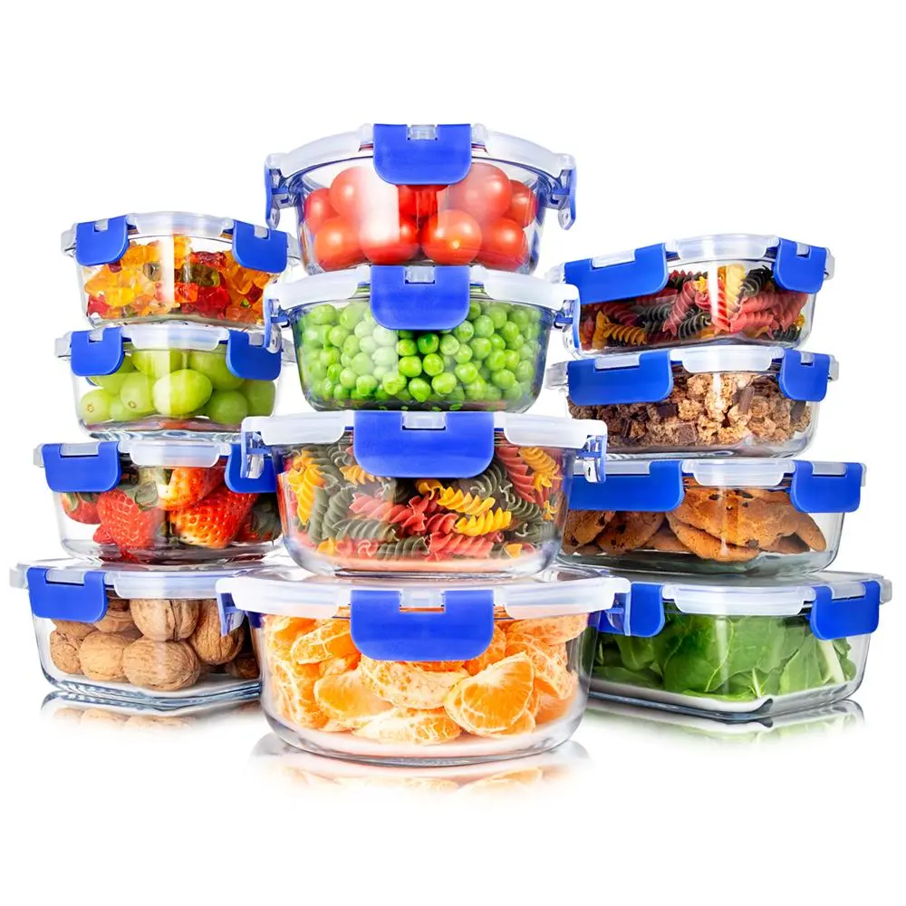 24-Piece Glass Food Storage Container Set | 12 High Borosilicate Meal Prep Containers with 12 Airtight Lids - Leakproof, Microwave, Oven & Freezer Safe - Kitchen Essentials, Rectangle, Plastic