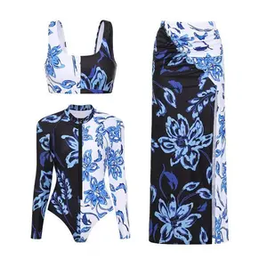 FLAXMAKER Women's Color Block Printed Long Sleeve One Piece Surf Swimsuit and Matching Skirt Swim Set Rash Guard Wetsuit Modest Swimming Wear Bathing Suit Stylish Beachwear