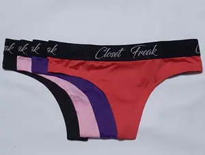 4 Pack Thong - Comfortable Polyester & Spandex with Black Waistband. Colors are Black, Pink, Fuchsia & Purple, Suitable for Any Occasion breathable comfy Panties Womenswear Bridal