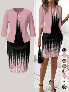 (short skirt) (small size) (general fabric) (printing design) Spring, summer and autumn knitted cardigan blouse with slim waist and printing design; classic straight dress, two-piece suit, suitable for women; elegant wedding guest dress