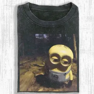 Lonely Yellow Minion Cartoon Figure In Dark Forest Graphic T-Shirt, Sad Mood Aesthetic Design, Vintage Washed Look, Unisex Menswear Womenswear Top