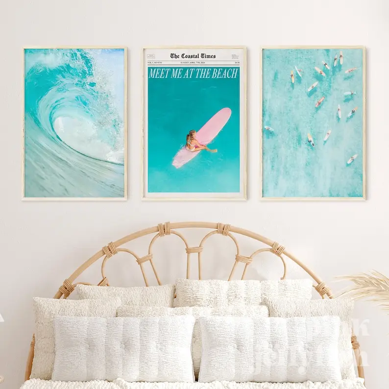 coastal cowgirl wall art set of 3, newspaper print, surfer posters,  wave, dorm decor, teen girl, printable art