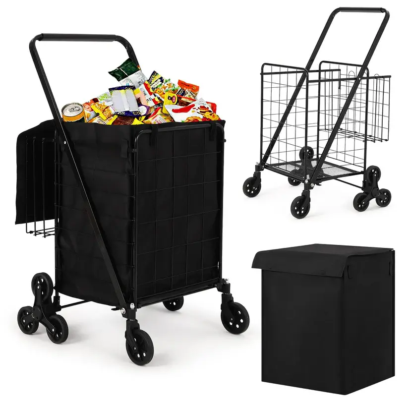 [NEW PRODUCT - FLASH SALE] Garvee Foldable 6-Wheel Stair-Climbing Shopping Cart, 360° swivel front wheels, for Grocery, Laundry & Camping, Black