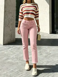 Women's High Stretch Pink Straight Leg Cropped Pockets Jeans, Raw Hem Slim-Fit Denim Pants, Comfortable Casual Trousers for All Occasions