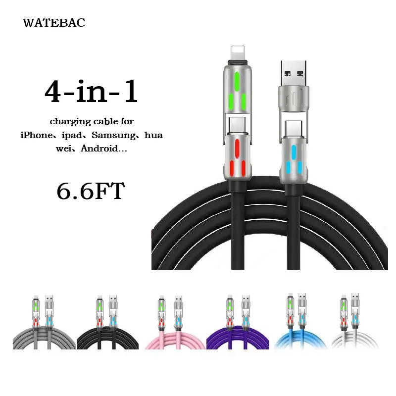 6.6FT 2025 WATEBAC Detachable 4-in-1 Fast Charger for iPhone & Type-C、USB-A，Portable, High-Speed, 10ft Pink Sync Cable! One Charger Fits All Devices!