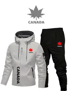 Men's Spring Fall Sportswear Casual Jacket Set Canada Print, Daily Commute Outdoor Two-Way Wear, Fitted Regular Length, Hooded Zipper Pocket