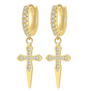 OIDEA Cubic Zirconia Cross Huggie Hoop Earrings, Christian Graphic Gold Costume Jewelry for Men Women, Christian Graphic Earrings, Cross Crucifix Earrings