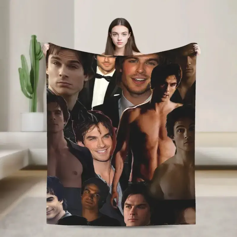 The Vampire Diaries Damon Salvatore Flannel Blanket, TV Series Character Throw Blanket, Soft Cozy Fleece Blanket for Bed Sofa Couch Home Decor Gift for Fans,warm