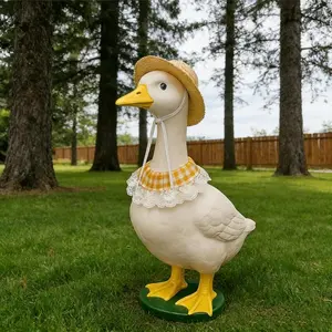 Handmade Porch Goose Summer Outfit – Straw Hat with Yellow Floral Bib, Farmhouse Garden Decor, Whimsical Lawn Goose Costume