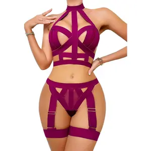 Sexy Plus Size Hollow Out Lingerie Set For Women Bondage Style 3 Piece Bra And Panty Set With Leg Garters Valentine Date Night Outfit Erotic Boudoir Photoshoot Clothing Curvy Girl Gift