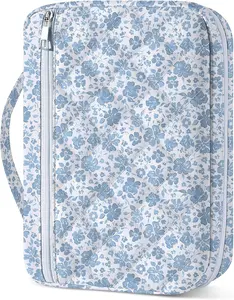 Quilted Bible Cover for Women Blue Floral Design Carrying Case with Handle for Girls Bible Study Bag and Accessories