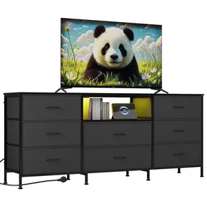 Modern LED TV Stand Dresser with 8 Fabric Drawers - Steel Frame Storage Organizer - Fits 65-75 Inch TVs - Bedroom & Living Room Cabinet - White
