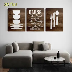3 Farm Style Kitchen Murals - Blessing Food Wooden Frame Paintings in front of us, Elegant Restaurant Decoration with Fork and Blade Design, Suitable for Home or Restaurant, Kitchen Decoration