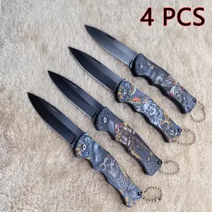 4-piece Folding Knife Set - Equipped with stainless steel blade and ABS anti slip handle, exquisite undead pattern, suitable for home unboxing, fruit cutting, outdoor camping and other purposes, Mother's Day gift, holiday gift